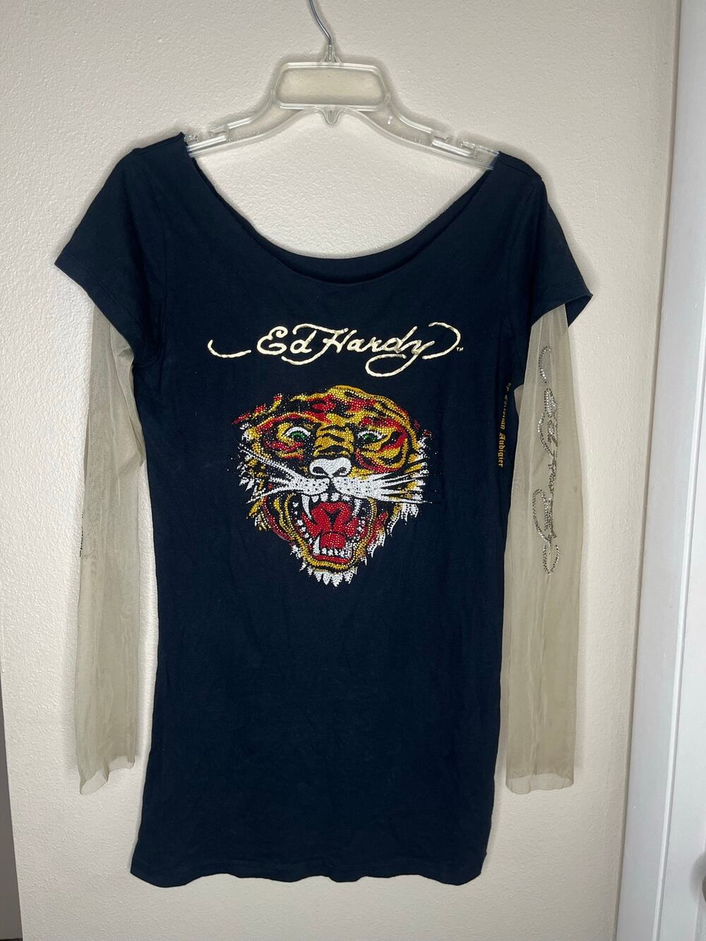 Vintage Ed Hardy/Christain Audigier Rhinestone Tiger Tatoo Sleeve Tunic/Tee Med